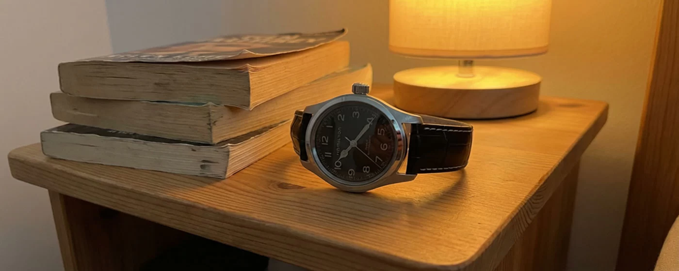 Hamilton Khaki Field Murph 38mm watch with black dial and brown leather strap placed on a wooden bedside table next to a stack of old paperback books, with a round table lamp glowing warmly in the background